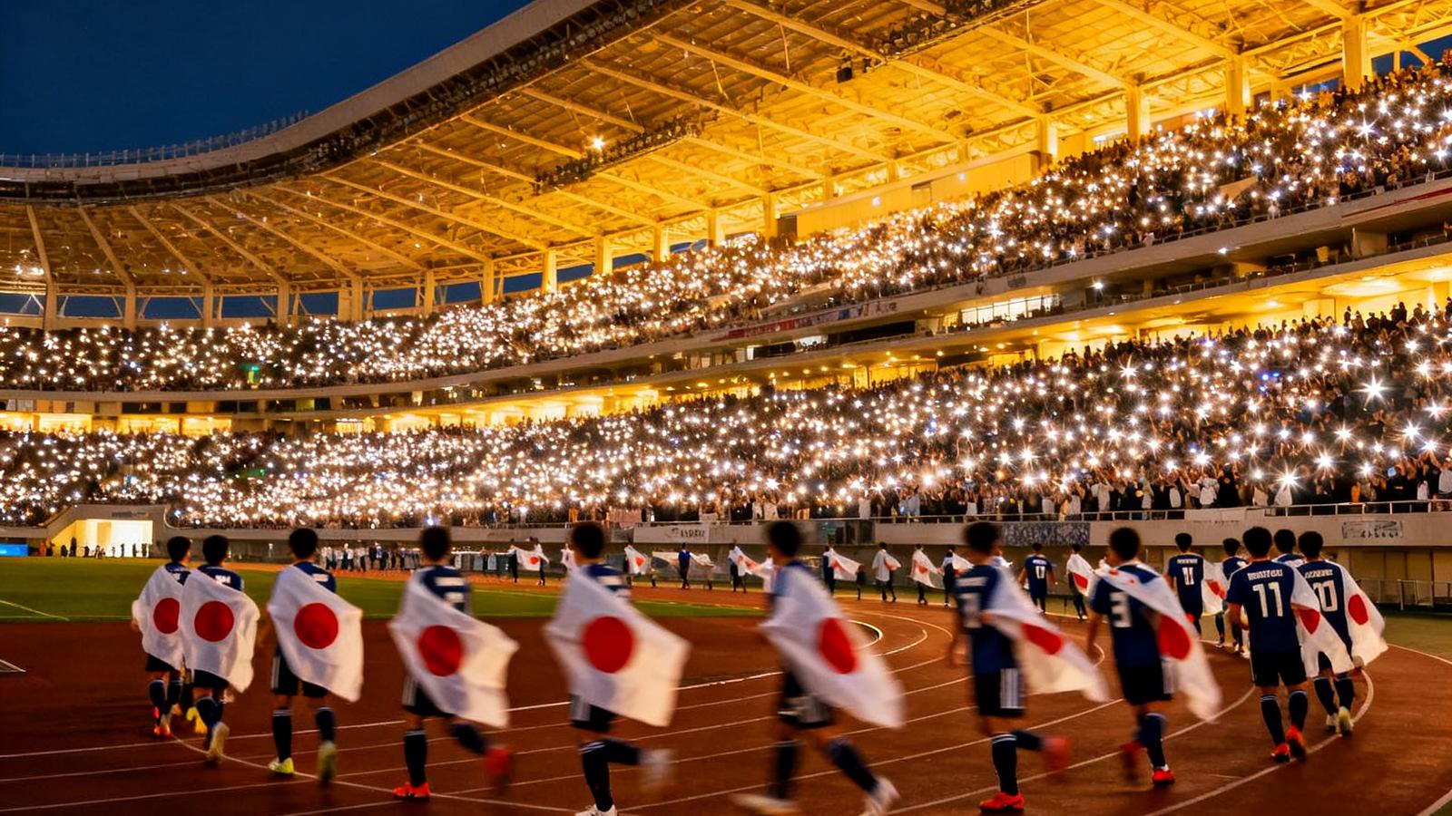 日本国家队在击败越南后集体庆祝出线的画面，球员们身披国旗绕场一周，埼玉体育场内6万名球迷点亮手机灯光形成星海